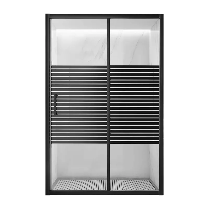RAVONI SHOWER ENCLOSURE SRS0722-LA26B-120 MATTE BLACK ALUMINUM 1PC FIXED GLASS AND 1PC SLIDING GLASS DOOR PRINTED LINES